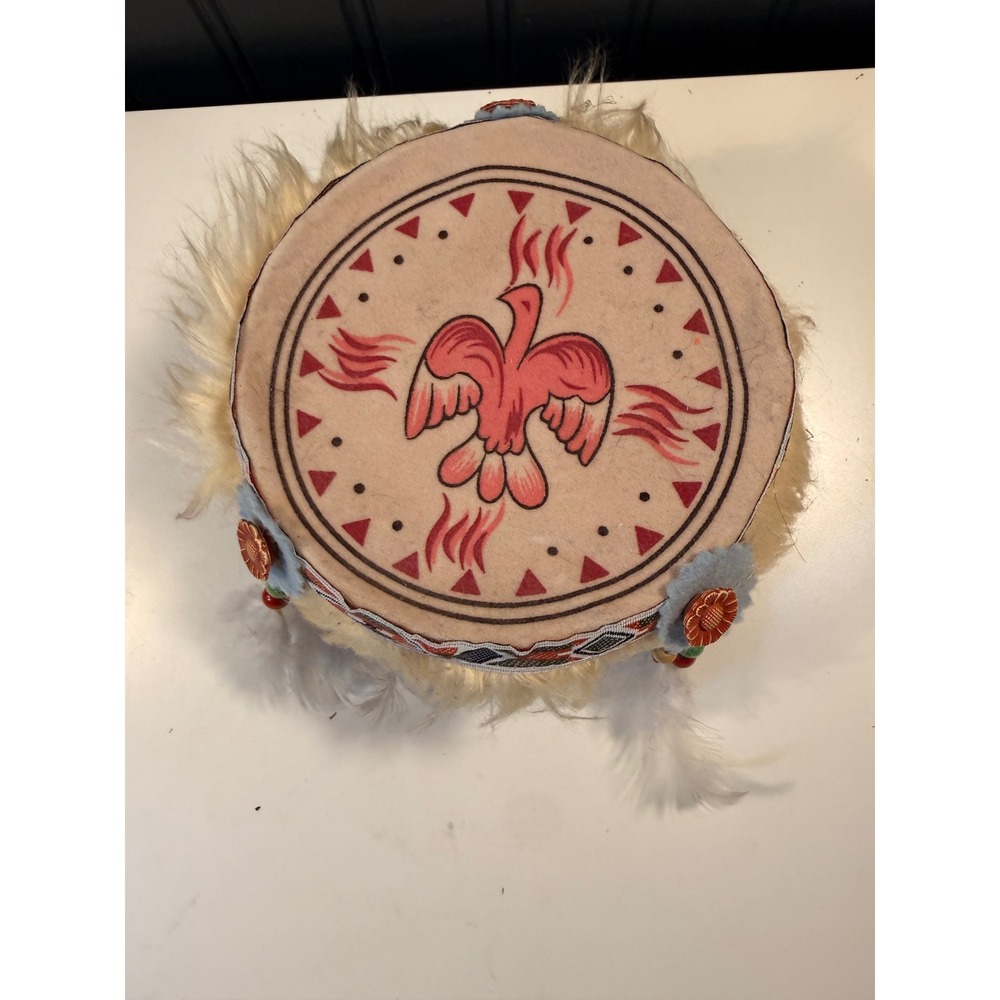 Vintage Hand Painted Thunderbird Decorative Drum Faux Fur Feathers Beads 5in